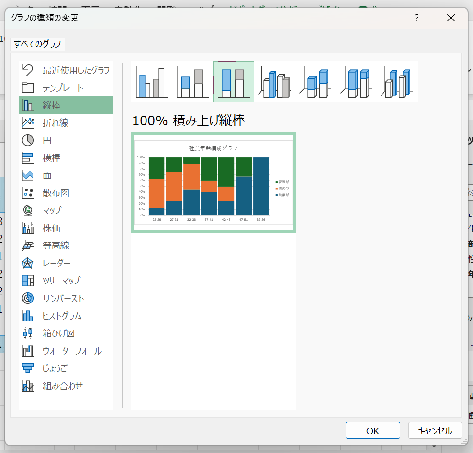 グラフエリアを右クリック > [グラフの種類の変更] > [縦棒] > [100%積み上げ縦棒] を選択